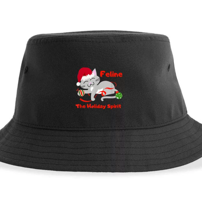 Feline The Holiday Spirit Christmas Kitty Cat Cute Gift Sustainable Bucket Hat