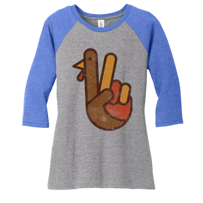 Funny Turkey Hand Thanksgiving Retro Vintage Green Top Women's Tri-Blend 3/4-Sleeve Raglan Shirt