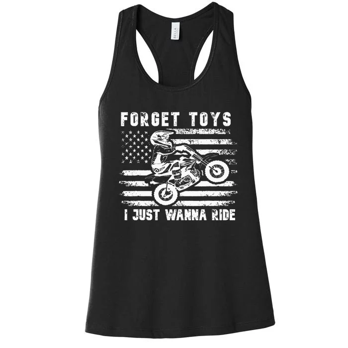 Forget Toys I Just Wanna Ride Dirt Bike Usa Flag Motocross Women's Racerback Tank