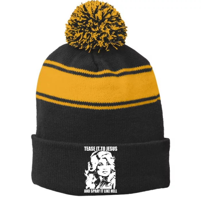 Funny Tease It To Jesus And Spray It Like Hell Western Music Stripe Pom Pom Beanie