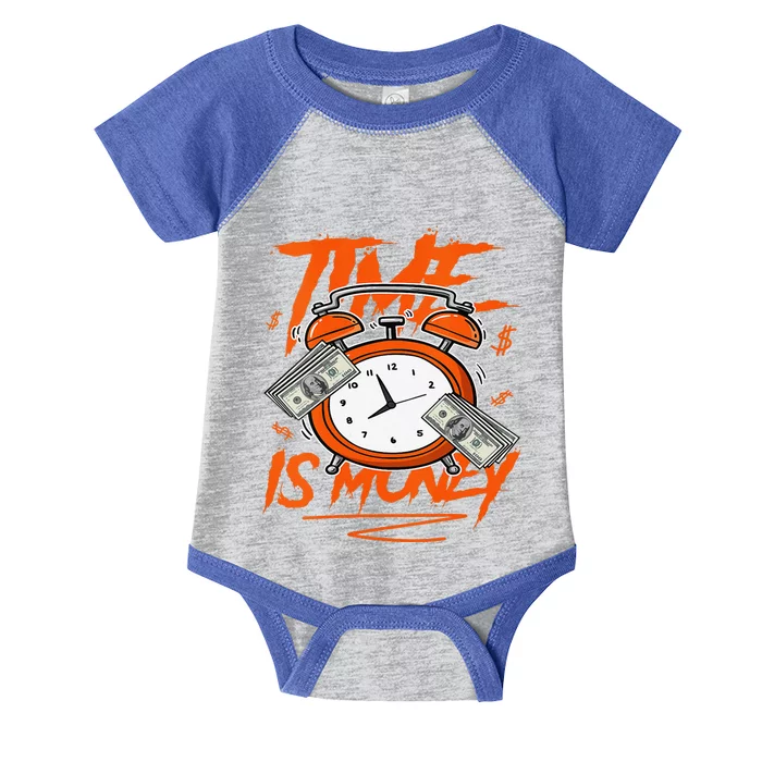 Funny Time Is Money Drip Dunk Low Patent Halloween Orange Black Infant Baby Jersey Bodysuit