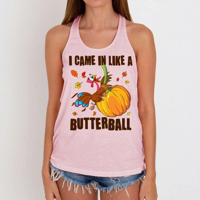 Funny Thanksgiving I Came In Like A Butterball Turkey Swinging On Pumpkin Women's Knotted Racerback Tank