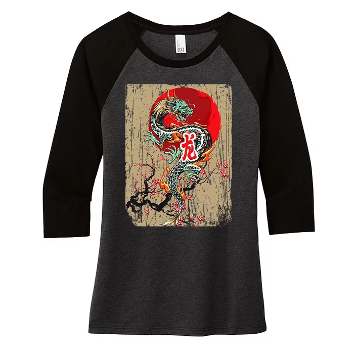 funny Traditional Japanese Dragon Art Japan Women's Tri-Blend 3/4-Sleeve Raglan Shirt