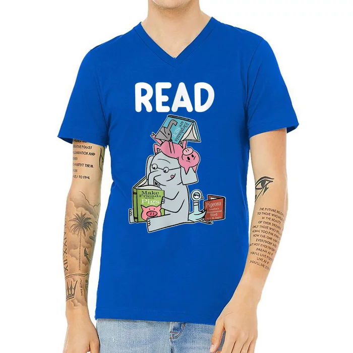 Funny Teacher Library Read Book Club Piggie Elephant Pigeons V-Neck T-Shirt