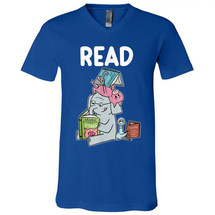 Funny Teacher Library Read Book Club Piggie Elephant Pigeons V-Neck T-Shirt