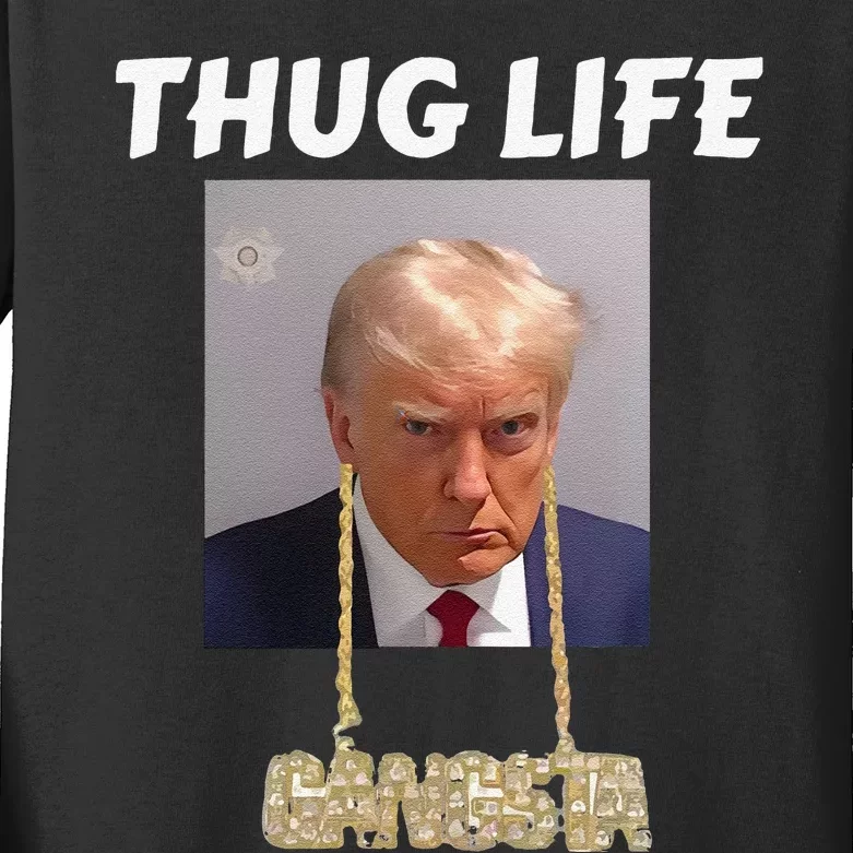 Funny Thug Life Trump Mugshot Gangsta Gold Chain Bling Drip Trump Kids Long Sleeve Shirt