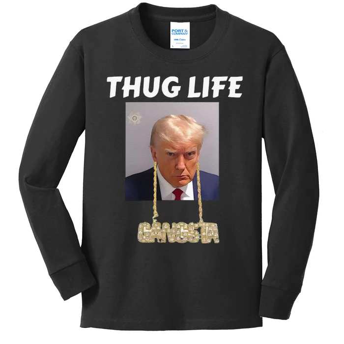 Funny Thug Life Trump Mugshot Gangsta Gold Chain Bling Drip Trump Kids Long Sleeve Shirt