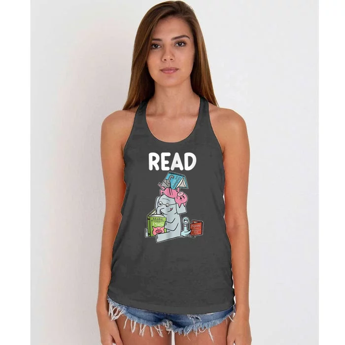 Funny Teacher Library Read Book Club Piggie Elephant Women's Knotted Racerback Tank