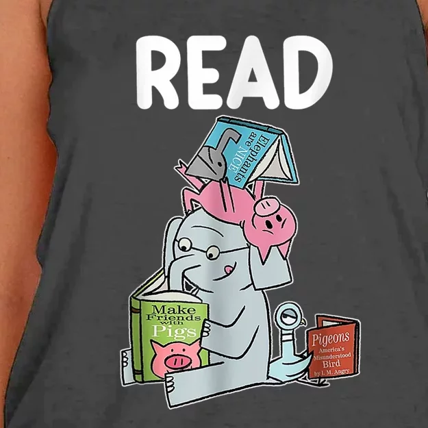 Funny Teacher Library Read Book Club Piggie Elephant Women's Knotted Racerback Tank