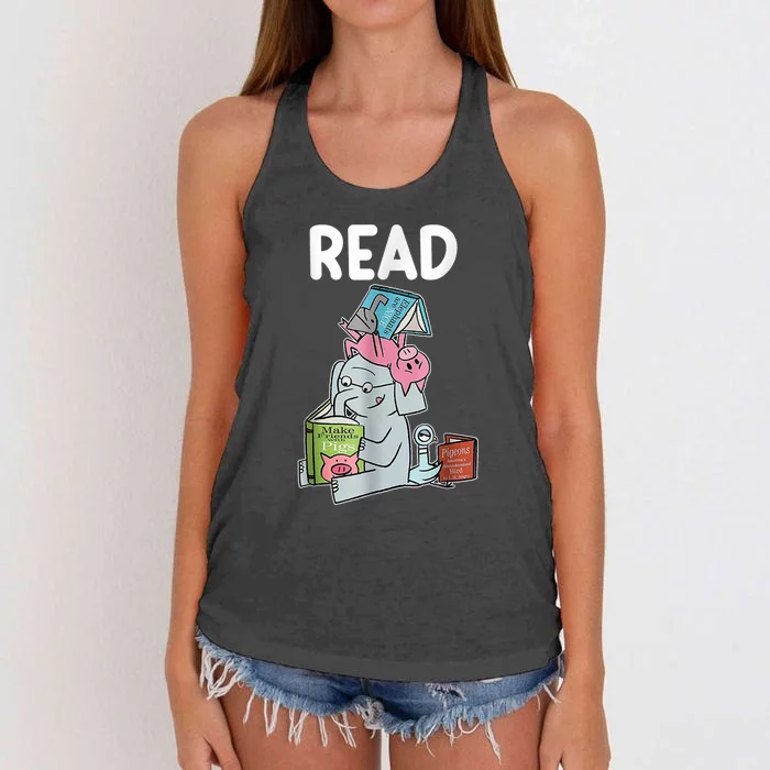 Funny Teacher Library Read Book Club Piggie Elephant Women's Knotted Racerback Tank