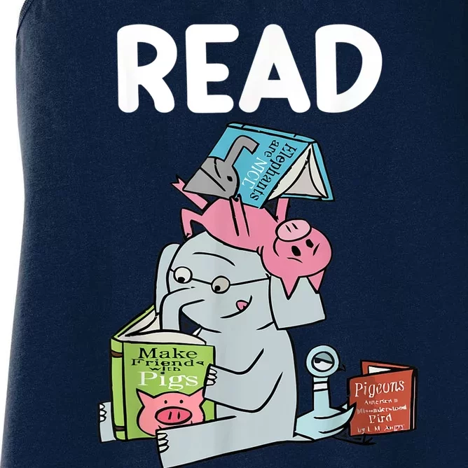 Funny Teacher Library Read Book Club Piggie Elephant Pigeons Women's Racerback Tank