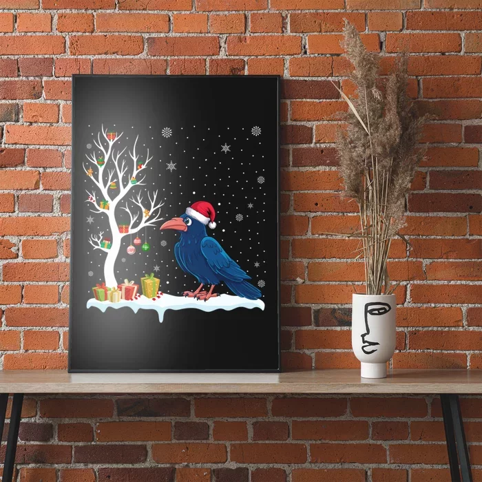 Festive Tree Light Christmas Crow Santa Hat Poster