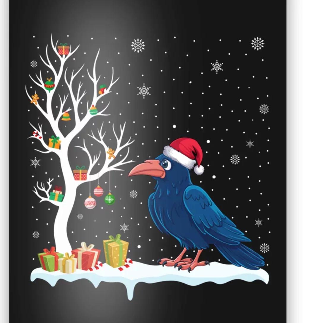 Festive Tree Light Christmas Crow Santa Hat Poster