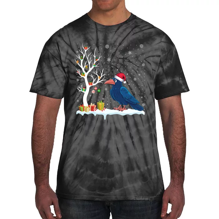 Festive Tree Light Christmas Crow Santa Hat Tie-Dye T-Shirt