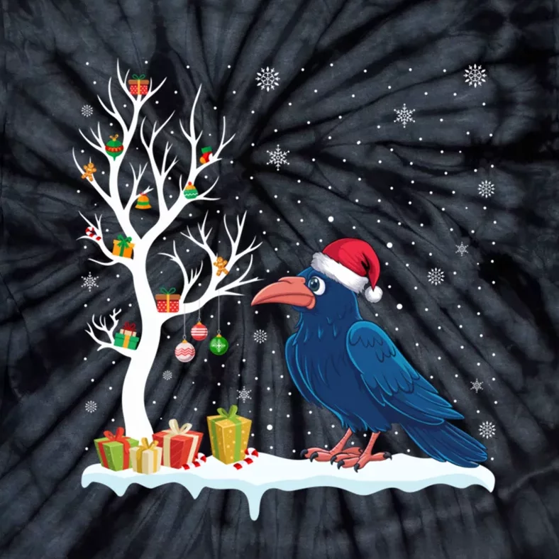 Festive Tree Light Christmas Crow Santa Hat Tie-Dye T-Shirt