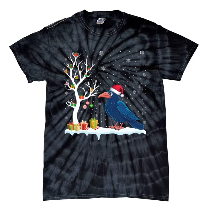 Festive Tree Light Christmas Crow Santa Hat Tie-Dye T-Shirt