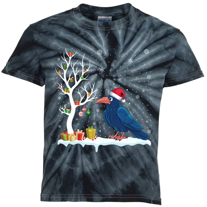 Festive Tree Light Christmas Crow Santa Hat Kids Tie-Dye T-Shirt