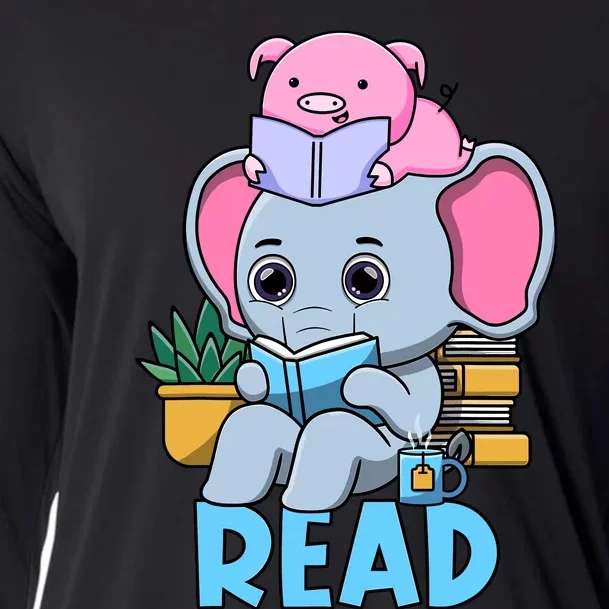 Funny Teacher Library Read Book Club Cute Piggie Elephant Cooling Performance Long Sleeve Crew