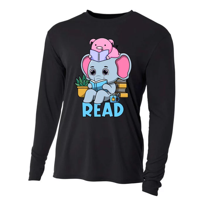 Funny Teacher Library Read Book Club Cute Piggie Elephant Cooling Performance Long Sleeve Crew