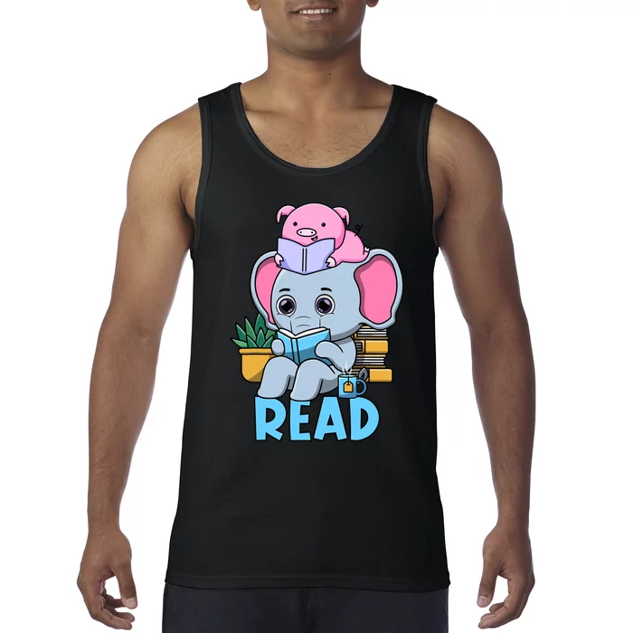 Funny Teacher Library Read Book Club Cute Piggie Elephant Tank Top