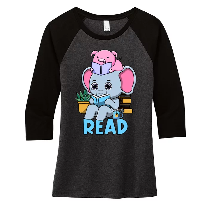 Funny Teacher Library Read Book Club Cute Piggie Elephant Women's Tri-Blend 3/4-Sleeve Raglan Shirt