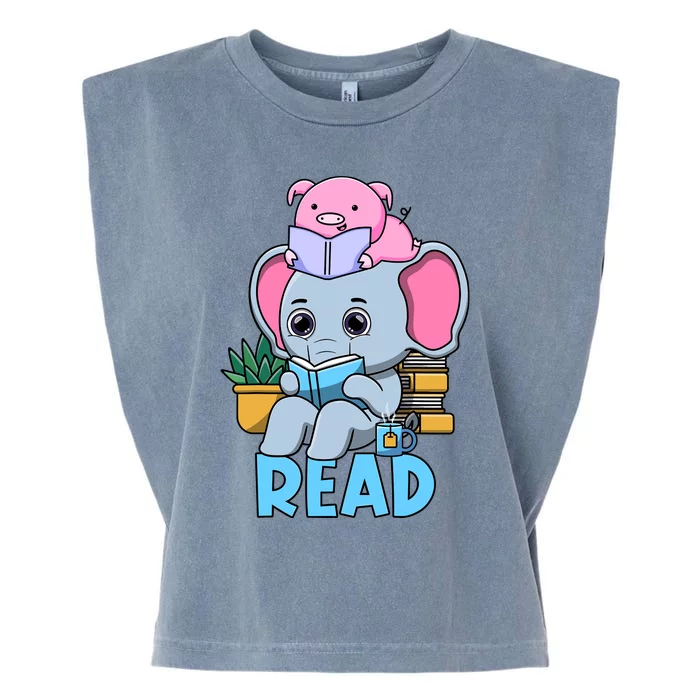 Funny Teacher Library Read Book Club Cute Piggie Elephant Garment-Dyed Women's Muscle Tee