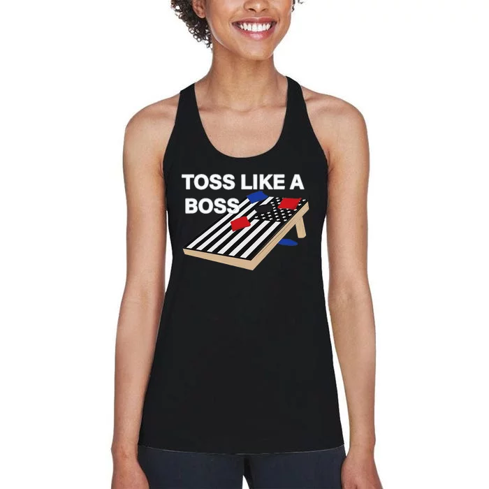 Funny Toss Like A Boss Cornhole Toss Competition US Flag Tee Women's Racerback Tank