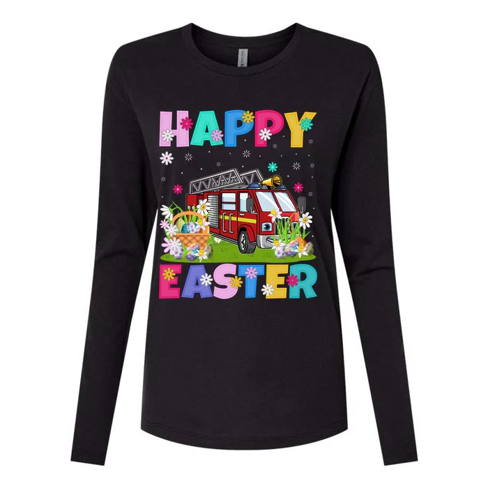 Fire Truck Lover Happy Easter Bunny Fire Truck Easter Sunday Gift Womens Cotton Relaxed Long Sleeve T-Shirt