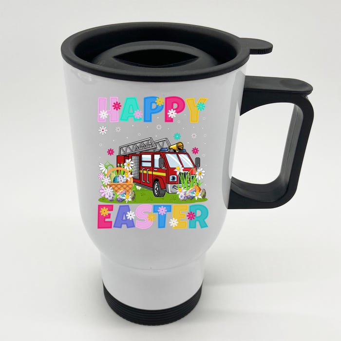 Fire Truck Lover Happy Easter Bunny Fire Truck Easter Sunday Gift Front & Back Stainless Steel Travel Mug