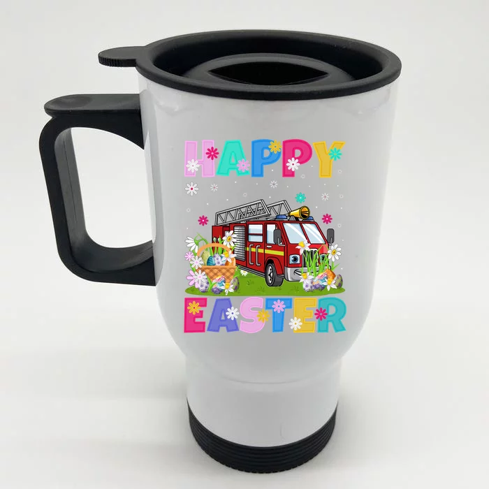 Fire Truck Lover Happy Easter Bunny Fire Truck Easter Sunday Gift Front & Back Stainless Steel Travel Mug