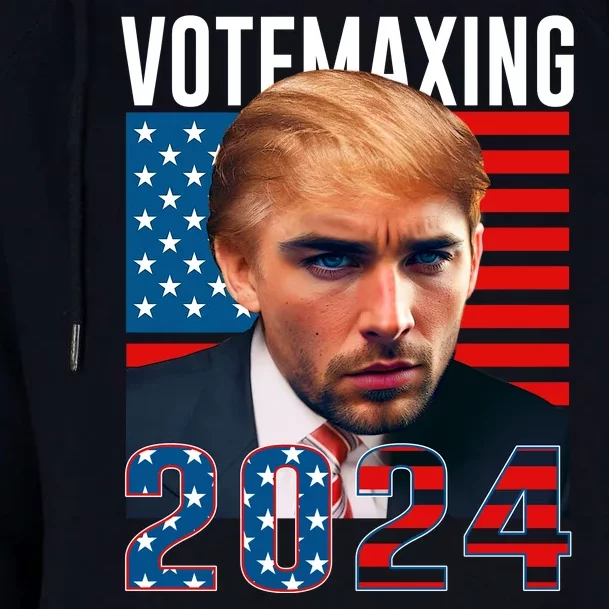 Funny Trump Male Model Vote Maxing 2024 Election Womens Funnel Neck Pullover Hood