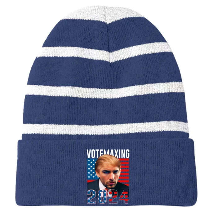 Funny Trump Male Model Vote Maxing 2024 Election Striped Beanie with Solid Band