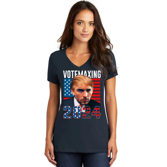 Funny Trump Male Model Vote Maxing 2024 Election Women's V-Neck T-Shirt