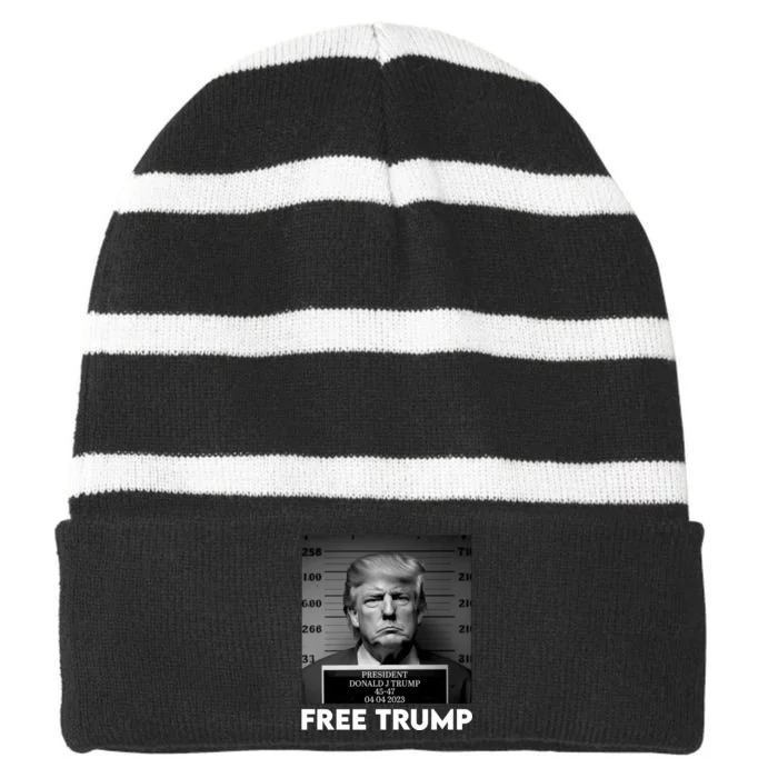 Free Trump Mug Shot Trump Not Guilty MugShot Striped Beanie with Solid Band