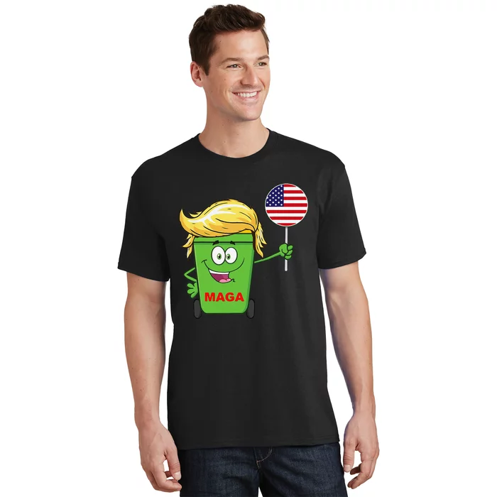 Funny Trump Maga Cartoon Garbage Can American Flag Gift T-Shirt