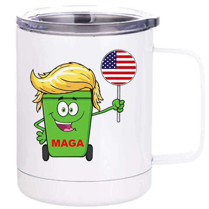 Funny Trump Maga Cartoon Garbage Can American Flag Gift Front & Back 12oz Stainless Steel Tumbler Cup