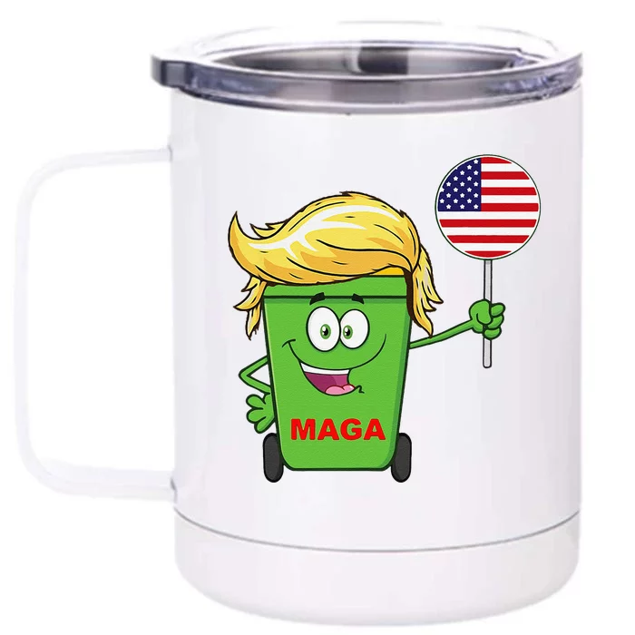 Funny Trump Maga Cartoon Garbage Can American Flag Gift Front & Back 12oz Stainless Steel Tumbler Cup