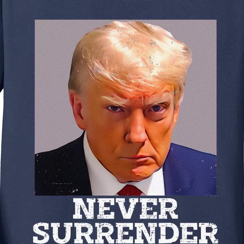 Funny Trump Mug Shot Donald Trump Mug Shot Never Surrender Gift Kids Long Sleeve Shirt