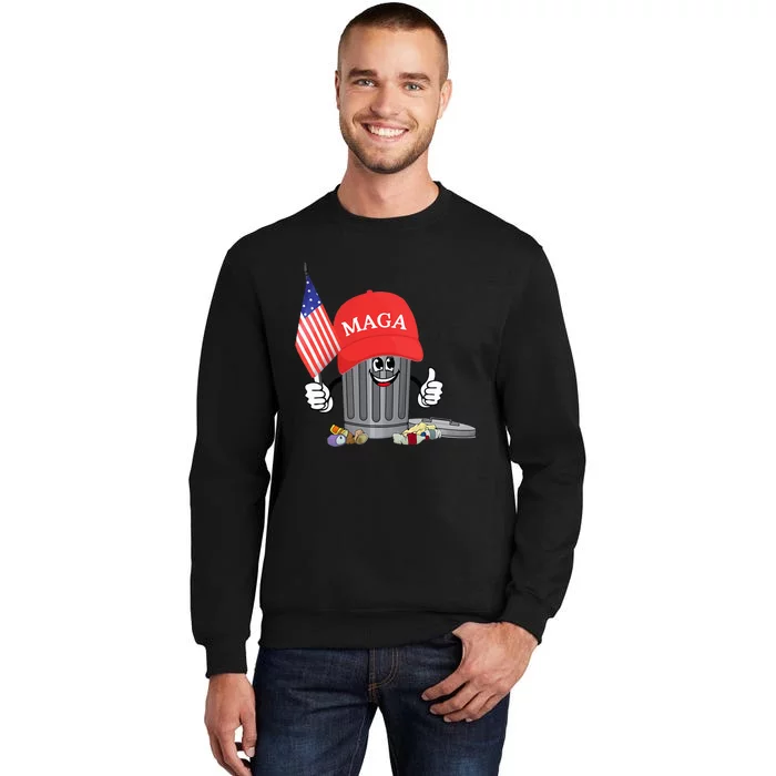 Funny Trump Maga Garbage Can Cartoon Character American Flag Tall Sweatshirt