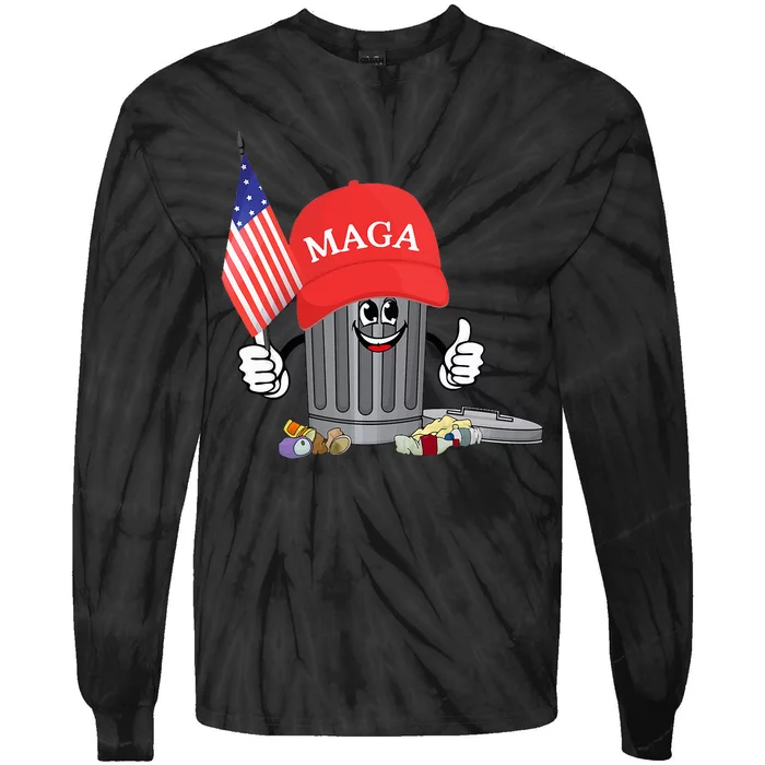 Funny Trump Maga Garbage Can Cartoon Character American Flag Tie-Dye Long Sleeve Shirt