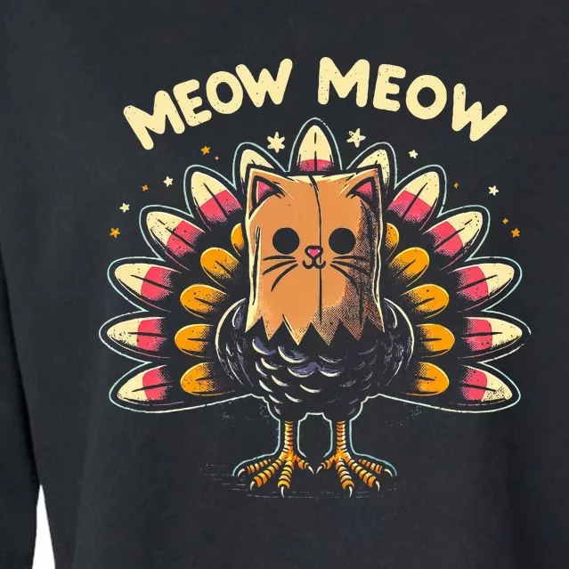 Funny Thanksgiving  Meow Cat Turkey Cropped Pullover Crew