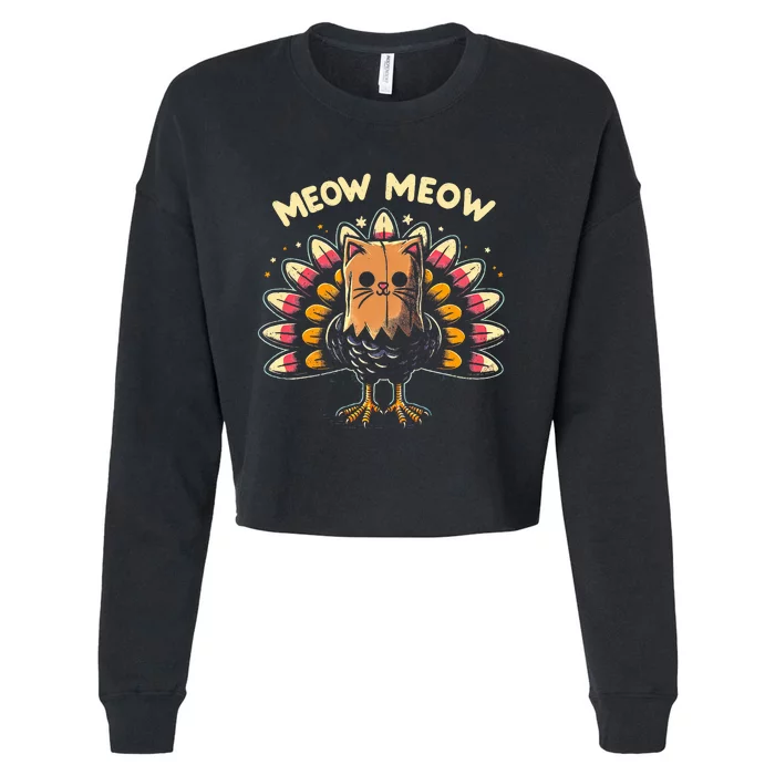 Funny Thanksgiving  Meow Cat Turkey Cropped Pullover Crew