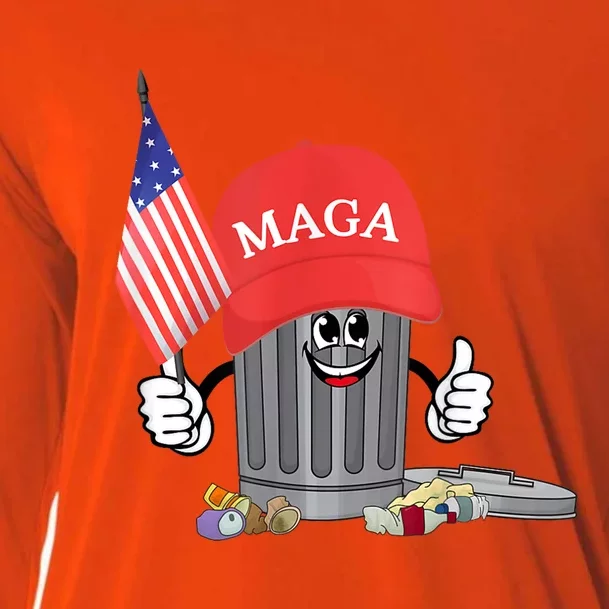 Funny Trump Maga Garbage Can Cartoon Character American Flag Cooling Performance Long Sleeve Crew