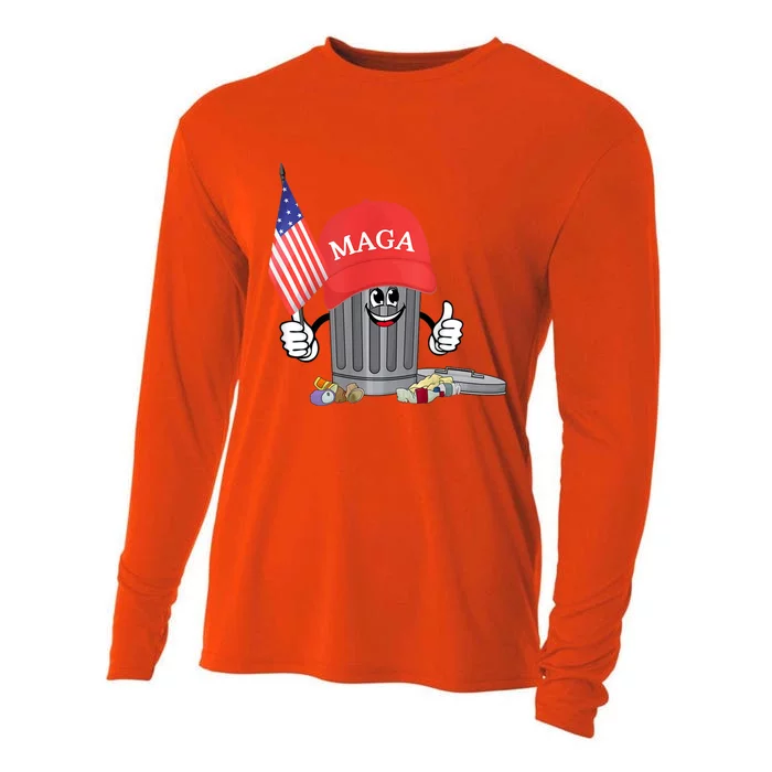 Funny Trump Maga Garbage Can Cartoon Character American Flag Cooling Performance Long Sleeve Crew