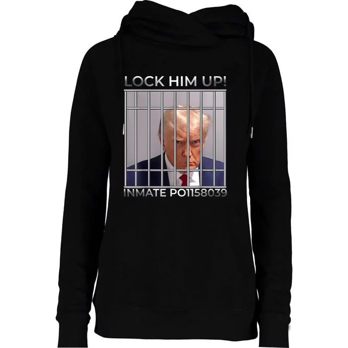 Funny Trump Mugshot Lock Him Up Womens Funnel Neck Pullover Hood