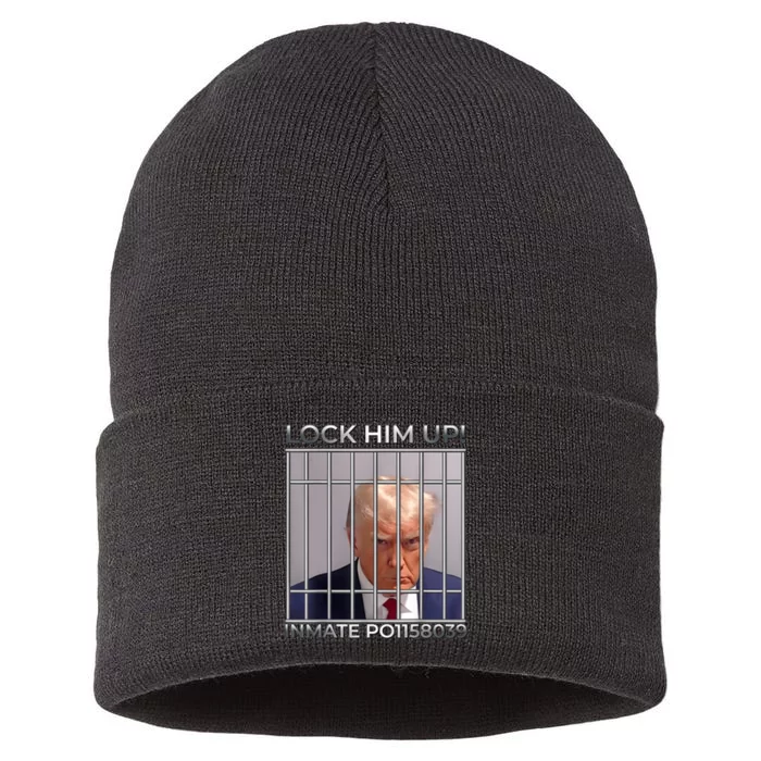 Funny Trump Mugshot Lock Him Up Sustainable Knit Beanie