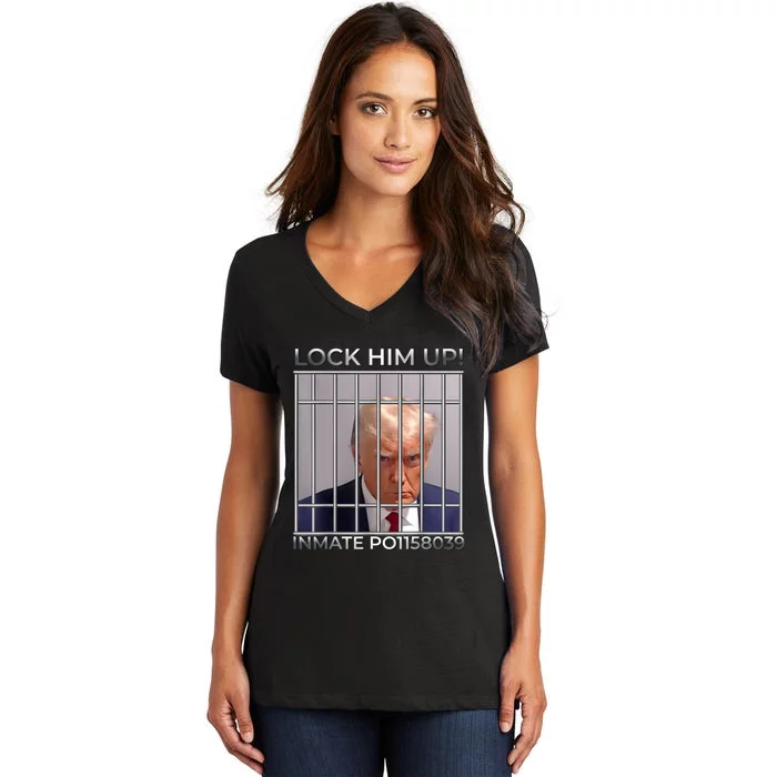 Funny Trump Mugshot Lock Him Up Women's V-Neck T-Shirt