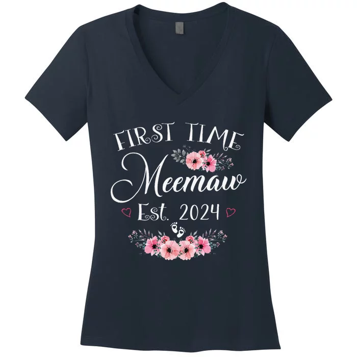 First Time Meemaw 2024 MotherS Day Soon To Be Mom Pregnancy Women's V-Neck T-Shirt