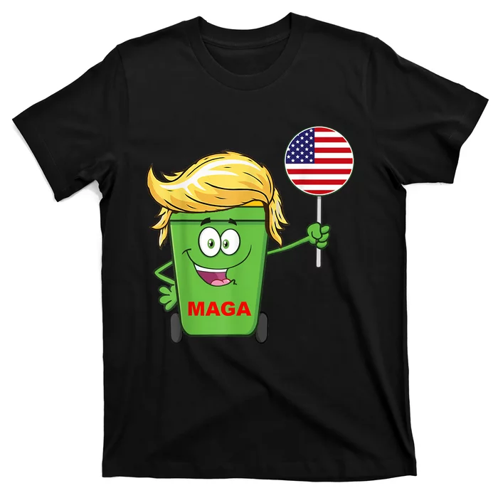 Funny Trump Maga Cartoon Garbage Can American Flag T-Shirt