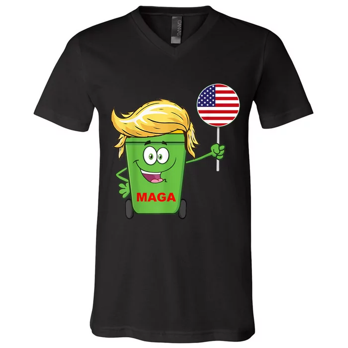 Funny Trump Maga Cartoon Garbage Can American Flag V-Neck T-Shirt